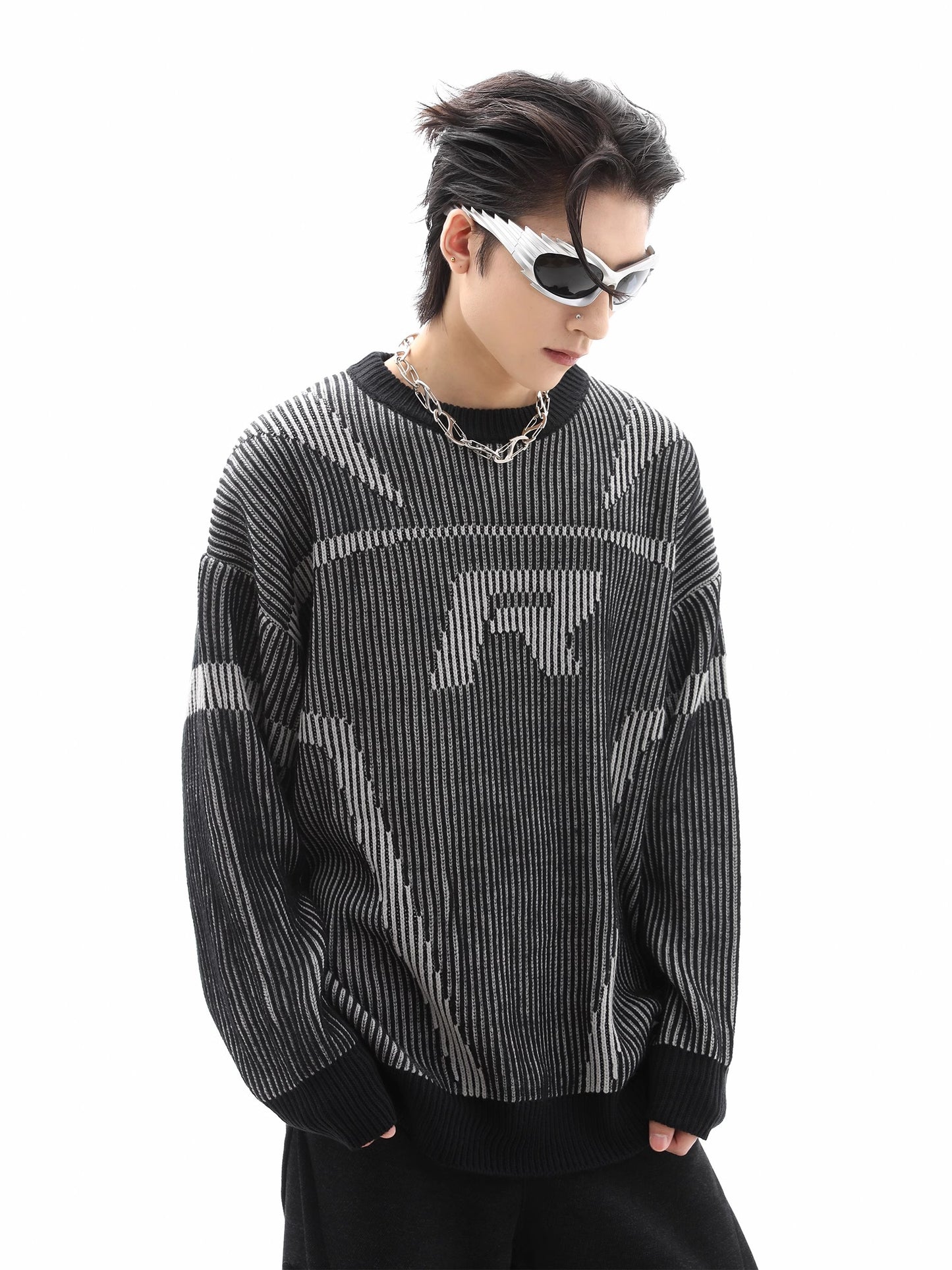 Jacquard Stripe Round Neck Knit Sweater WN10508