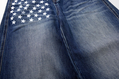 Star Print Curved Wide Leg Denim Jeans WN25727