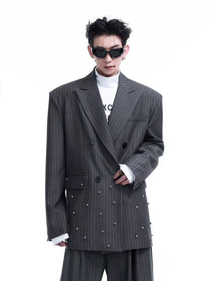 Metal Rivet Stripe Tailored Jacket & Wide-Leg Straight Trousers Setup WN8058