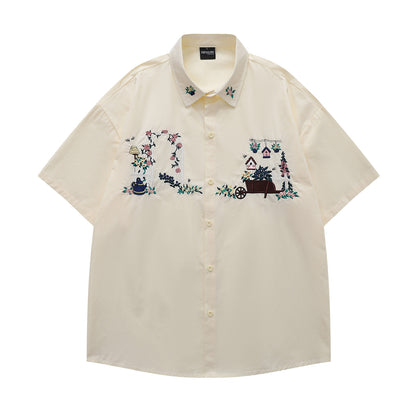 Floral Embroidery Oversize Short Sleeve Shirt WN18542