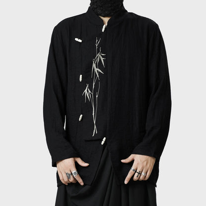 Standing-Collar Asymmetrical Embroidery Long Sleeve Shirt WN20153