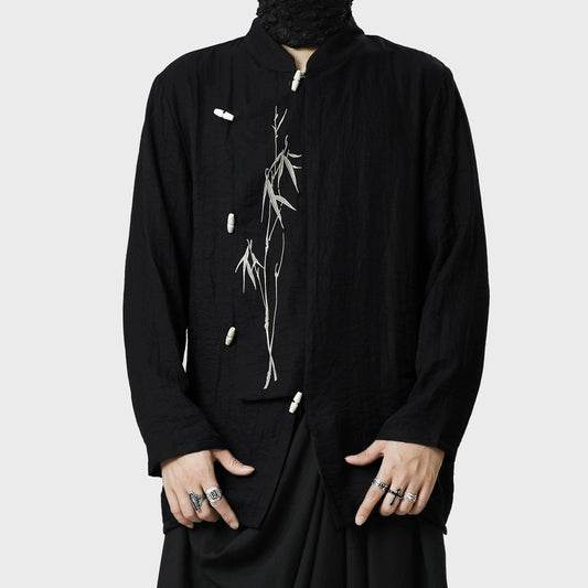 Standing-Collar Asymmetrical Embroidery Long Sleeve Shirt WN20153