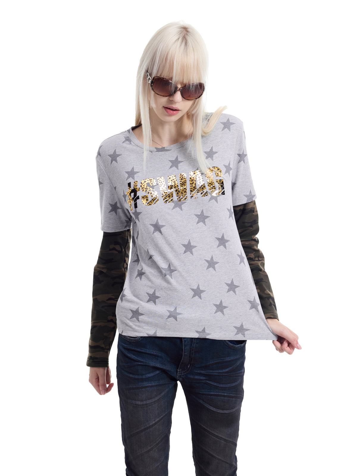 Fake Layered Camo Star Logo Print Long Sleeve T-Shirt WN27193