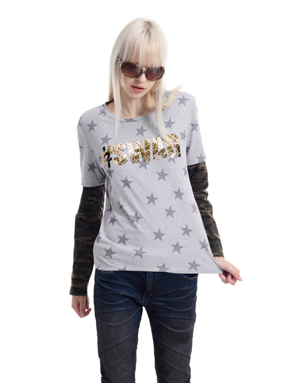 Fake Layered Camo Star Logo Print Long Sleeve T-Shirt WN27193