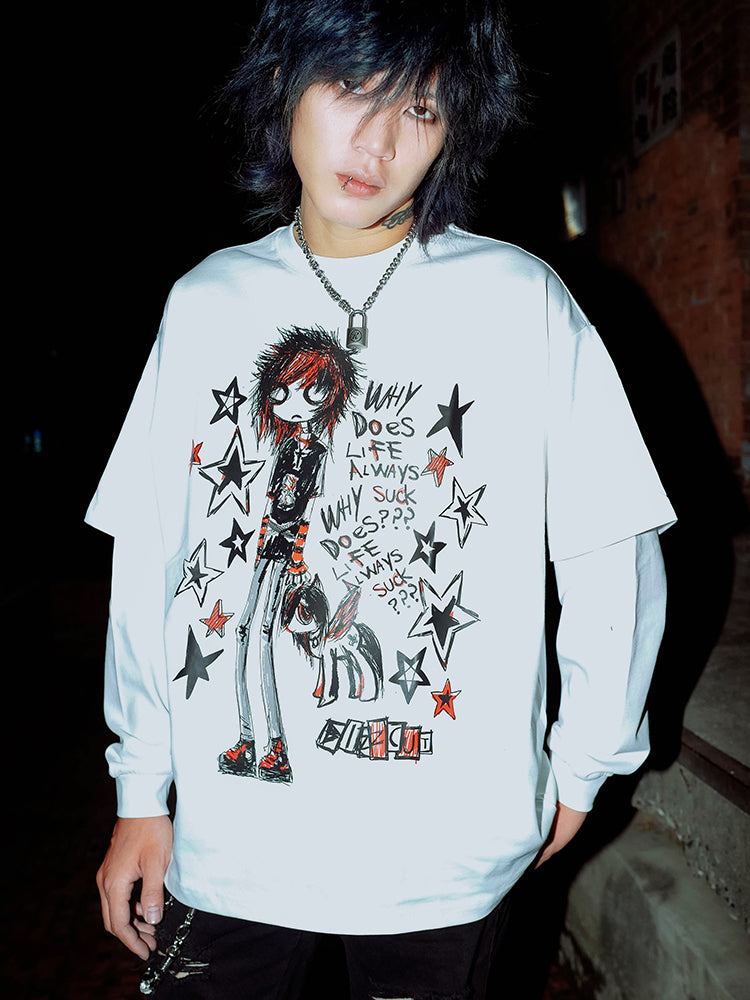 Hand-Drawn Anime-Inspired Fake Layered Long Sleeve T-Shirt WN16088
