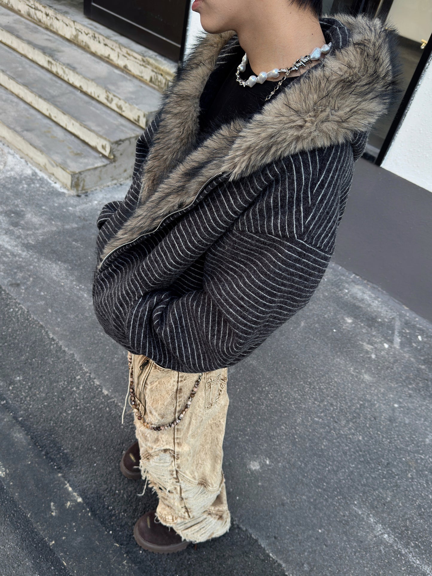 Fur Collar Striped Fleece Lining Short Zipper Hoodie WN23000