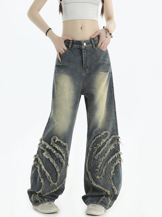 Washed Patchwork Wide-Leg Straight Denim Jeans WN7152