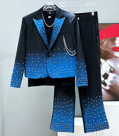 Rhinestone Chain Short Tailored Jacket & Spray Print Micro Flare Trousers Setup WN23937