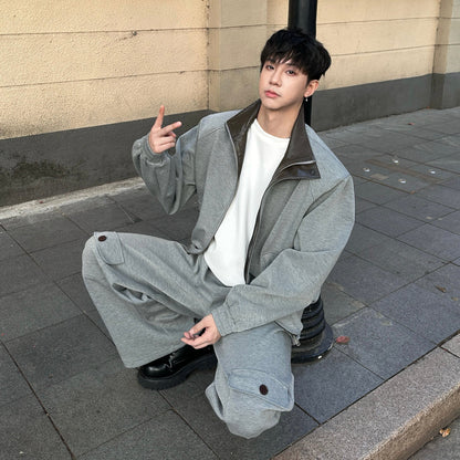 Air Layer Cotton Shoulder-pad PU Leather Patch Jacket & Air Layer Cotton Wide Leg Cargo Sweatpants Setup WN25244