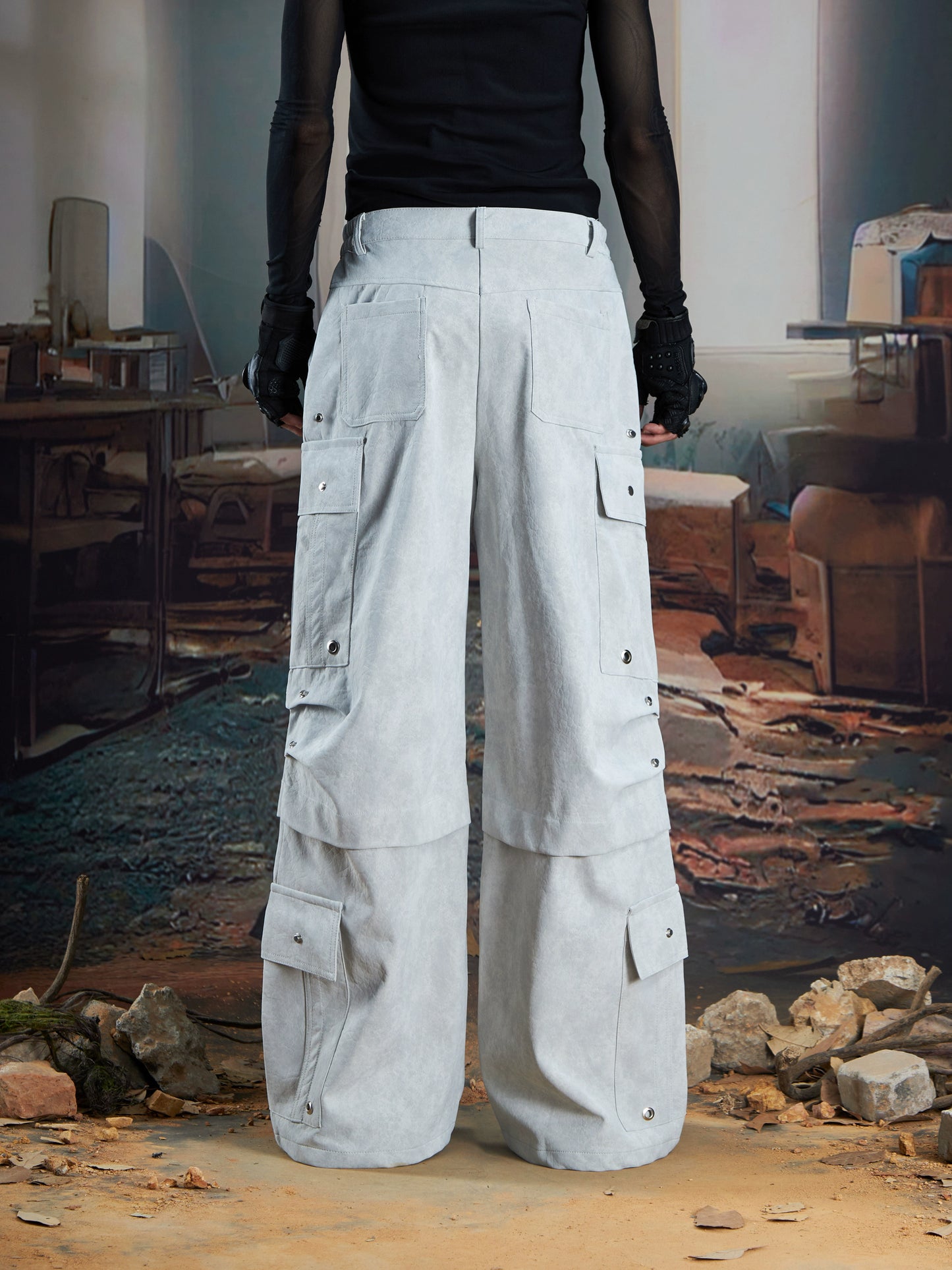 Matte Multi-Pocket Stud Pleats Cargo Pants WN21346