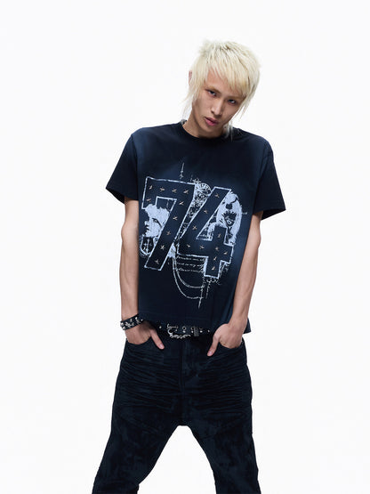 Washed Spray Paint Stud Print Short Sleeve T-Shirt WN27355