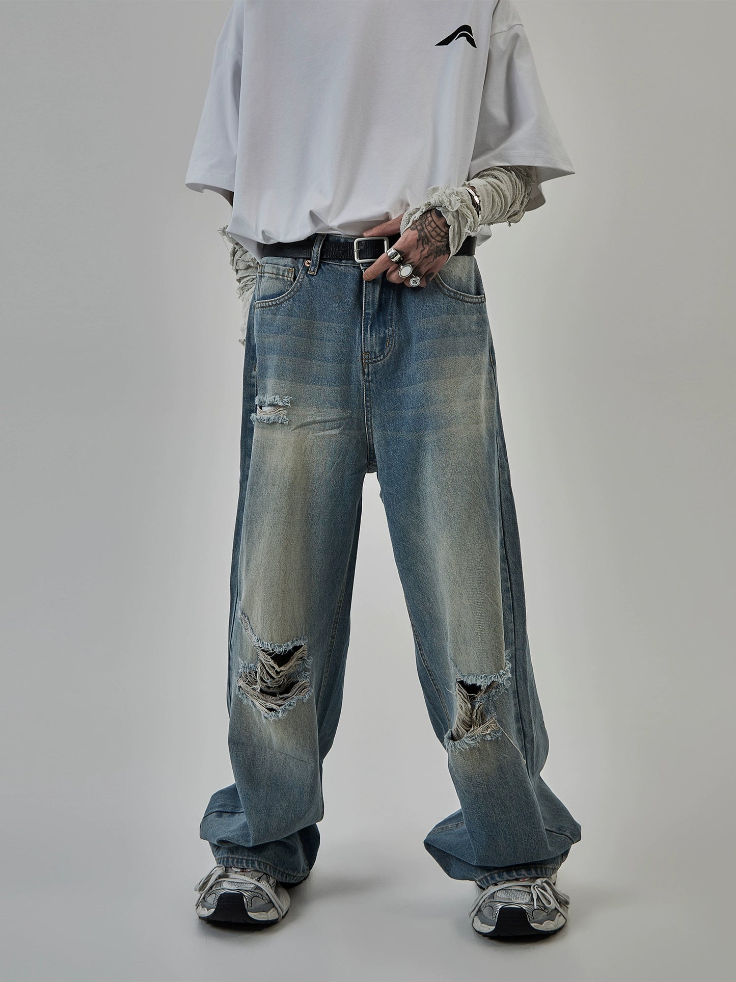 Washed Damage Wide-Leg Straight Denim Jeans WN7023