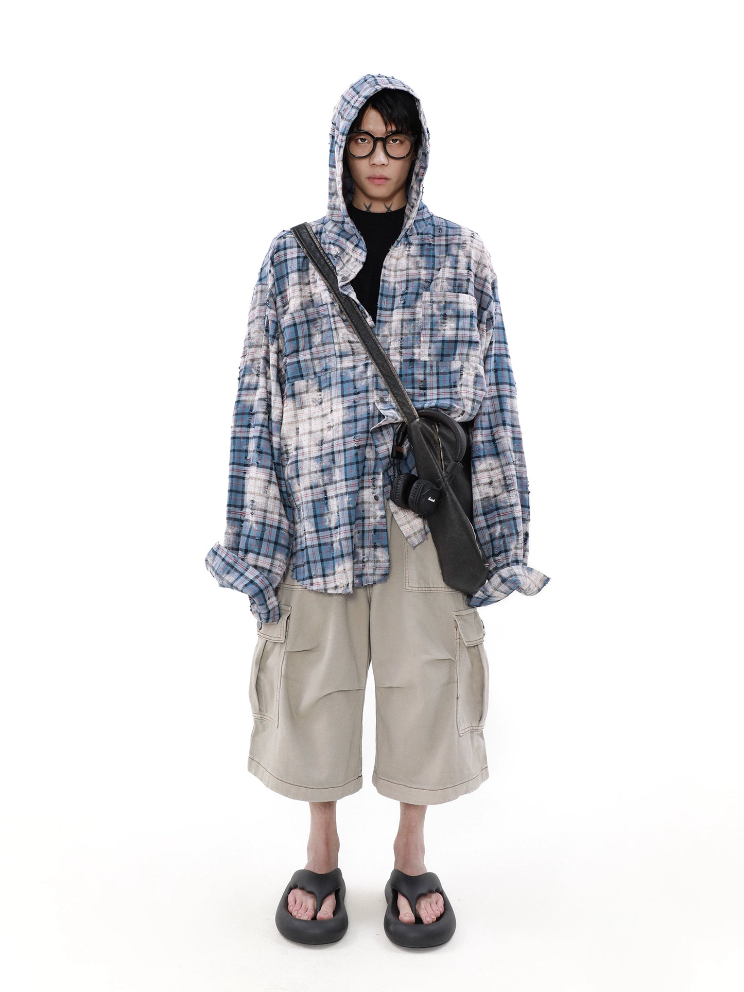 Oversize Checkered Long Sleeve Hooded Shirt WN7560