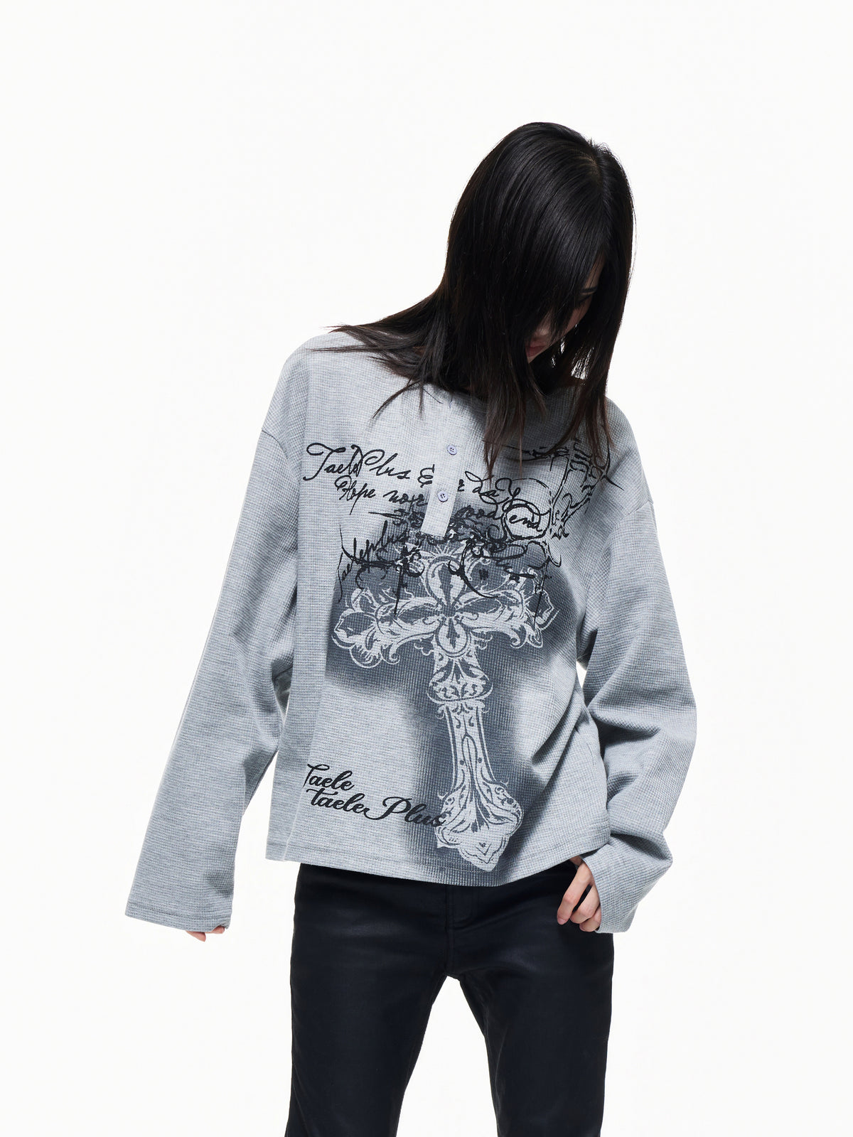 Henley Neck Cross Print Waffle Oversize Long Sleeve T-Shirt WN27277