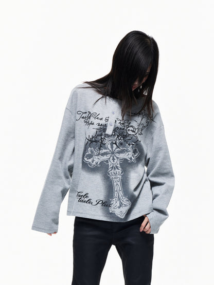 Henley Neck Cross Print Waffle Oversize Long Sleeve T-Shirt WN27277