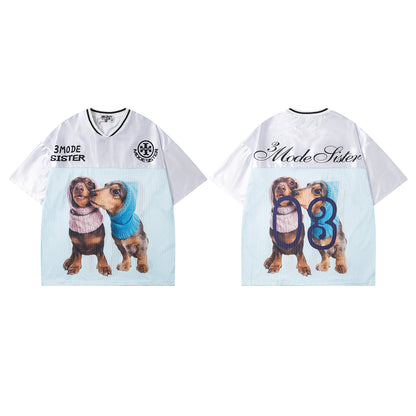 Dog Print V-Neck Breathable Sporty Short Sleeve T-Shirt WN26841