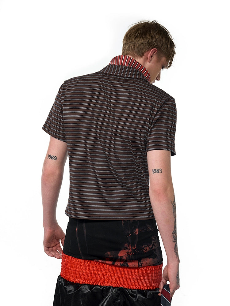 Fake Layered Stripe Zipper Short Sleeve Polo Shirt WN18783