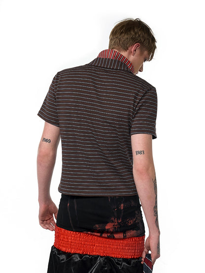 Fake Layered Stripe Zipper Short Sleeve Polo Shirt WN18783