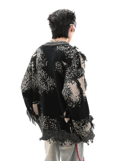 Jacquard Damage Design Round Neck Oversize Knit Sweater WN10287