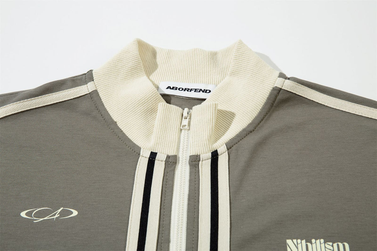 Half Zipper High-Neck Stripe Letter Print Long Sleeve T-Shirt WN26871