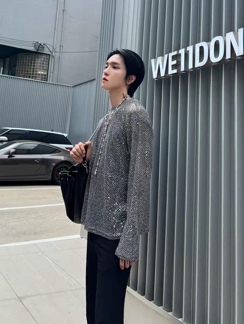 Sequin Mesh Sheer Oversize Long Sleeve T-Shirt WN27946