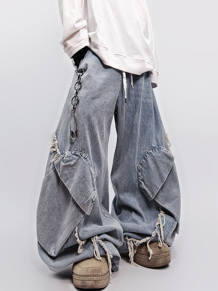 Curved Cut Wide Leg Cargo Denim Jeans WN23992