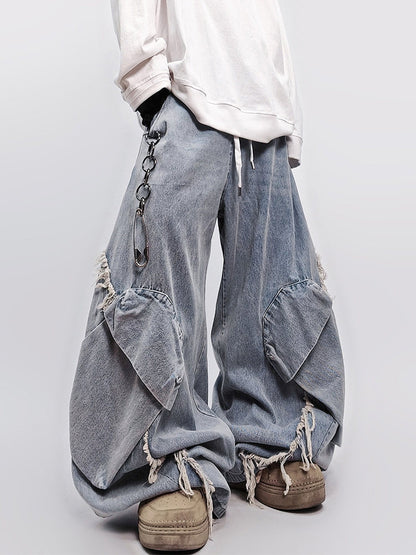 Curved Cut Wide Leg Cargo Denim Jeans WN23992