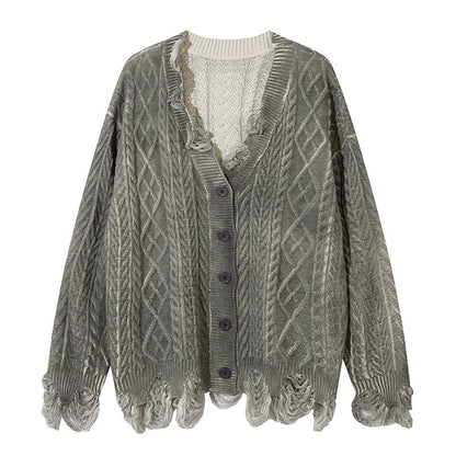 Washed Fringe Damage Hem Knit Cardigan WN10921