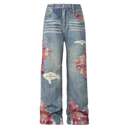 Lace Print Damage Wide Leg Denim Jeans WN23222