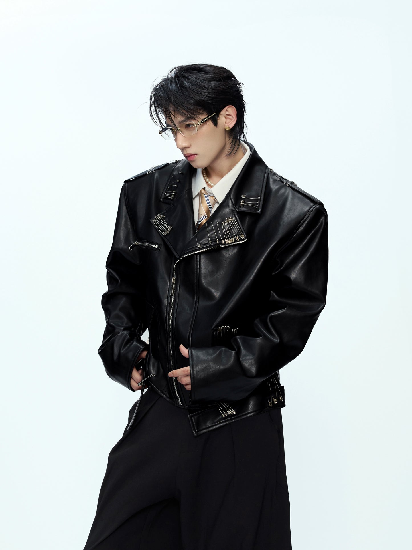 Pin Design Back Art Print PU Leather Jacket WN21234