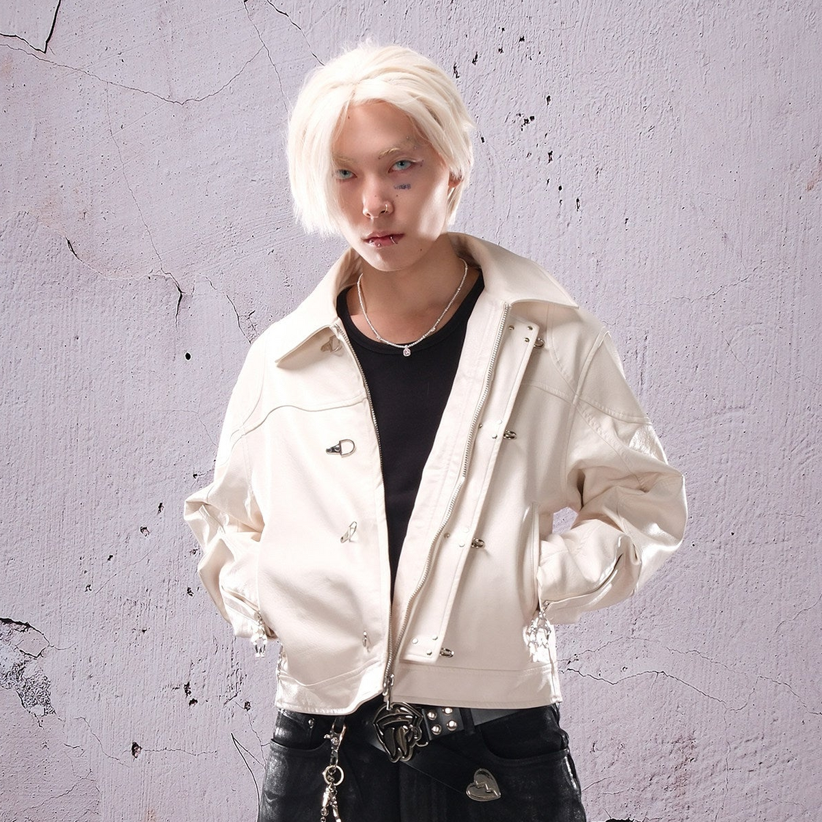 Metal Buckle Panel PU Leather Jacket WN26644