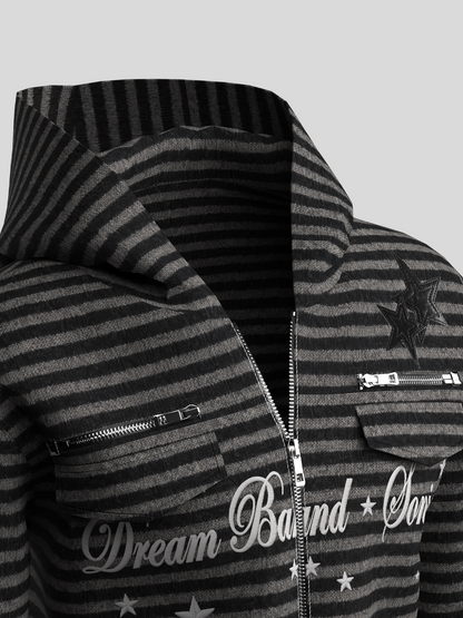 Stripe PU Leather Patchwork Zipper Hoodie WN27115