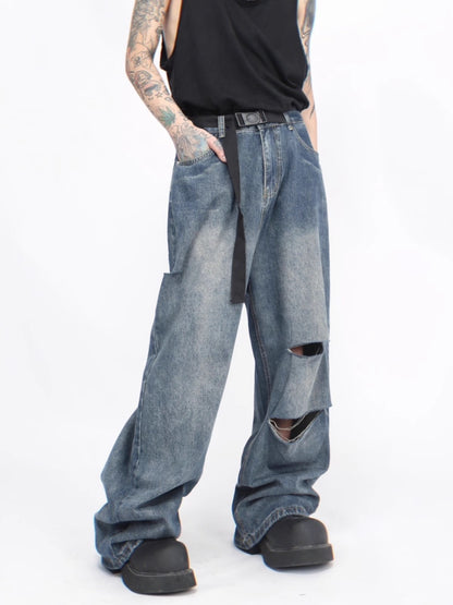 Washed Knife Cut Wide-Leg Straight Denim Jeans WN6943