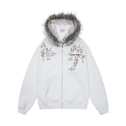 Fake Fur Collar Floral Embroidery Hoodie WN24287