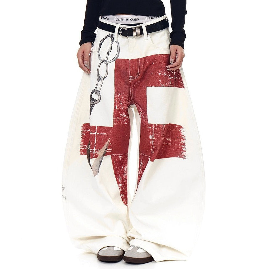 3D Chain Print Curved Wide Leg Denim Jeans WN27846