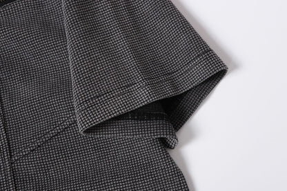 Half-Open Collar Check Wash Damage Short Sleeve T-Shirt WN25643