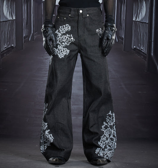 Irregular Print Flare Denim Jeans WN22891