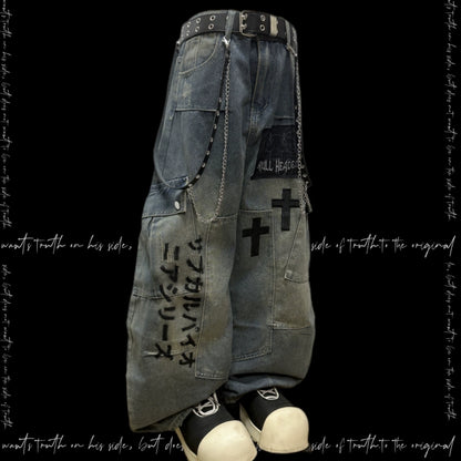 Letter Print Patchwork Cargo Wide Leg Denim Jeans & Belt & Chain & Scarf WN20123