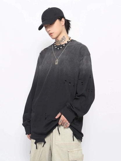 Washed Damage Hem Long Sleeve T-Shirt WN10887