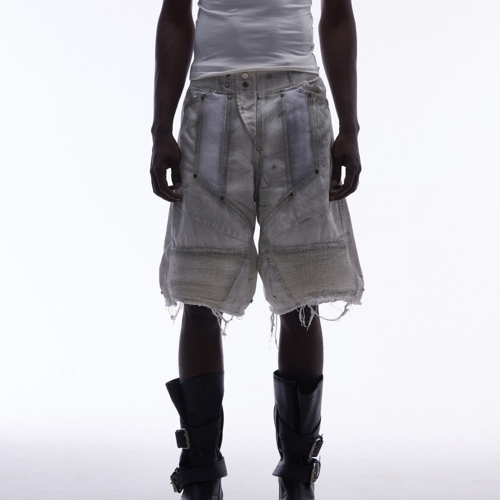 Multi-Panel Frayed Mesh Patchwork Half Pants WN27859