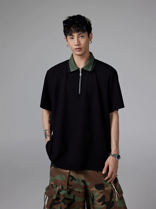 Double-Collar Half Zipper Short Sleeve Polo Shirt WN13305