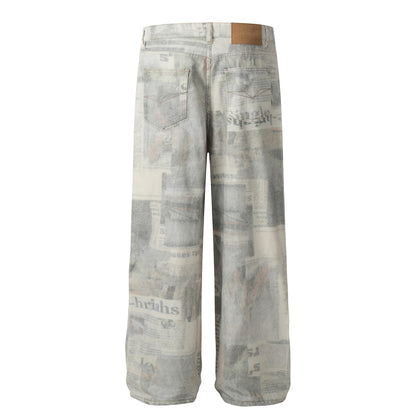Newspaper Print Straight Denim Jeans WN25855