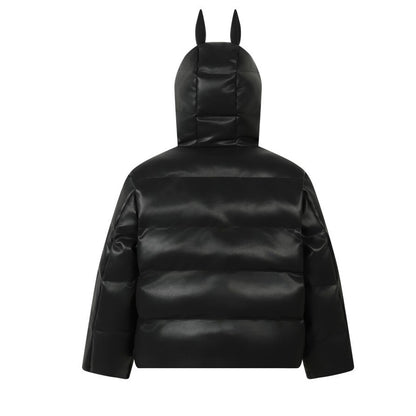 Devil Horn Hooded PU Leather Zipper Puffer Jacket WN21920