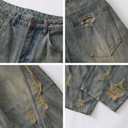 Washed Paint Splatter Ripped Curved Leg Denim Jeans WN26825