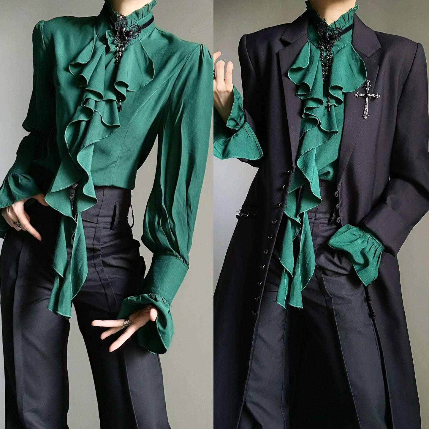 Standing-Collar Ruffle Drape Long Sleeve Shirt WN23140