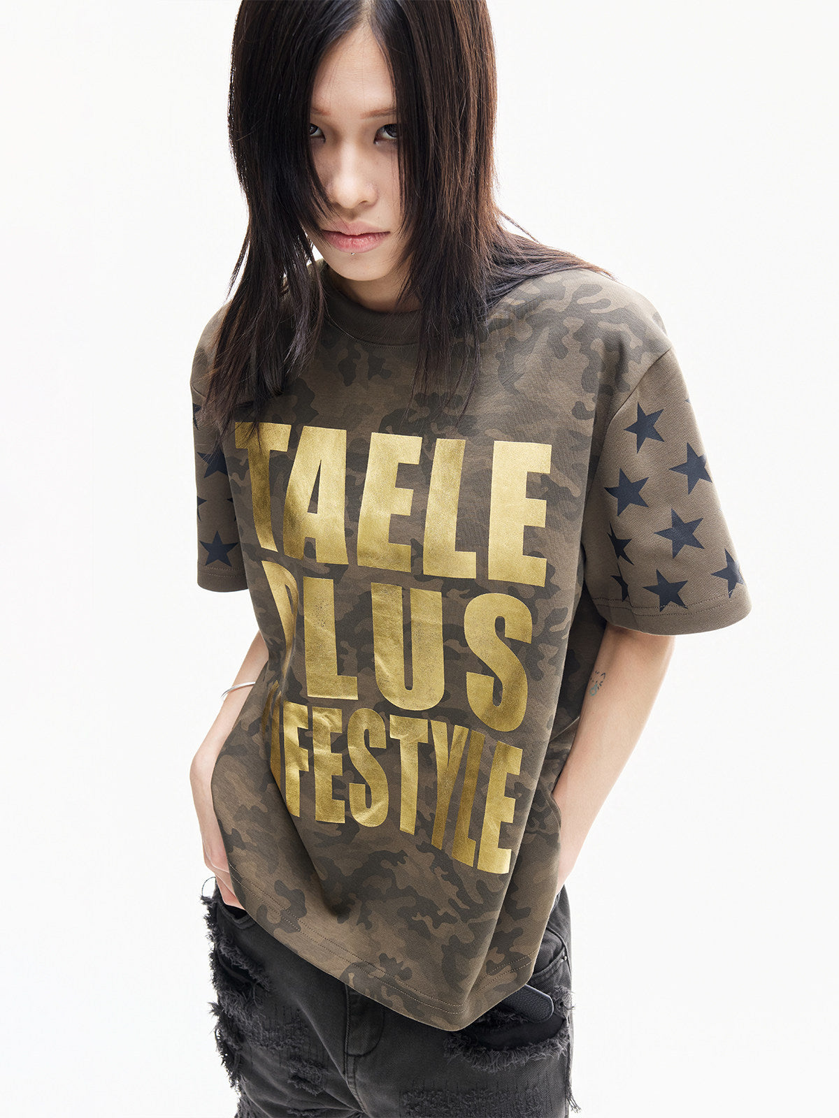 Camouflage Foil Print Oversize Short Sleeve T-Shirt WN27287