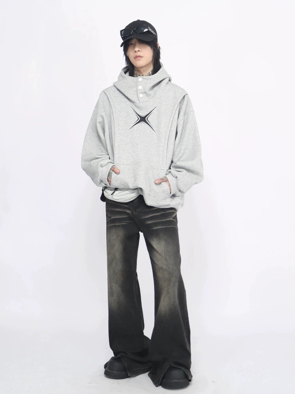 Heavyweight Design Button High Neck Hoodie WN8393