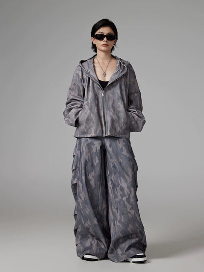 Camouflage Oversize Short Hooded Jacket & Cargo Pants Setup WN13314