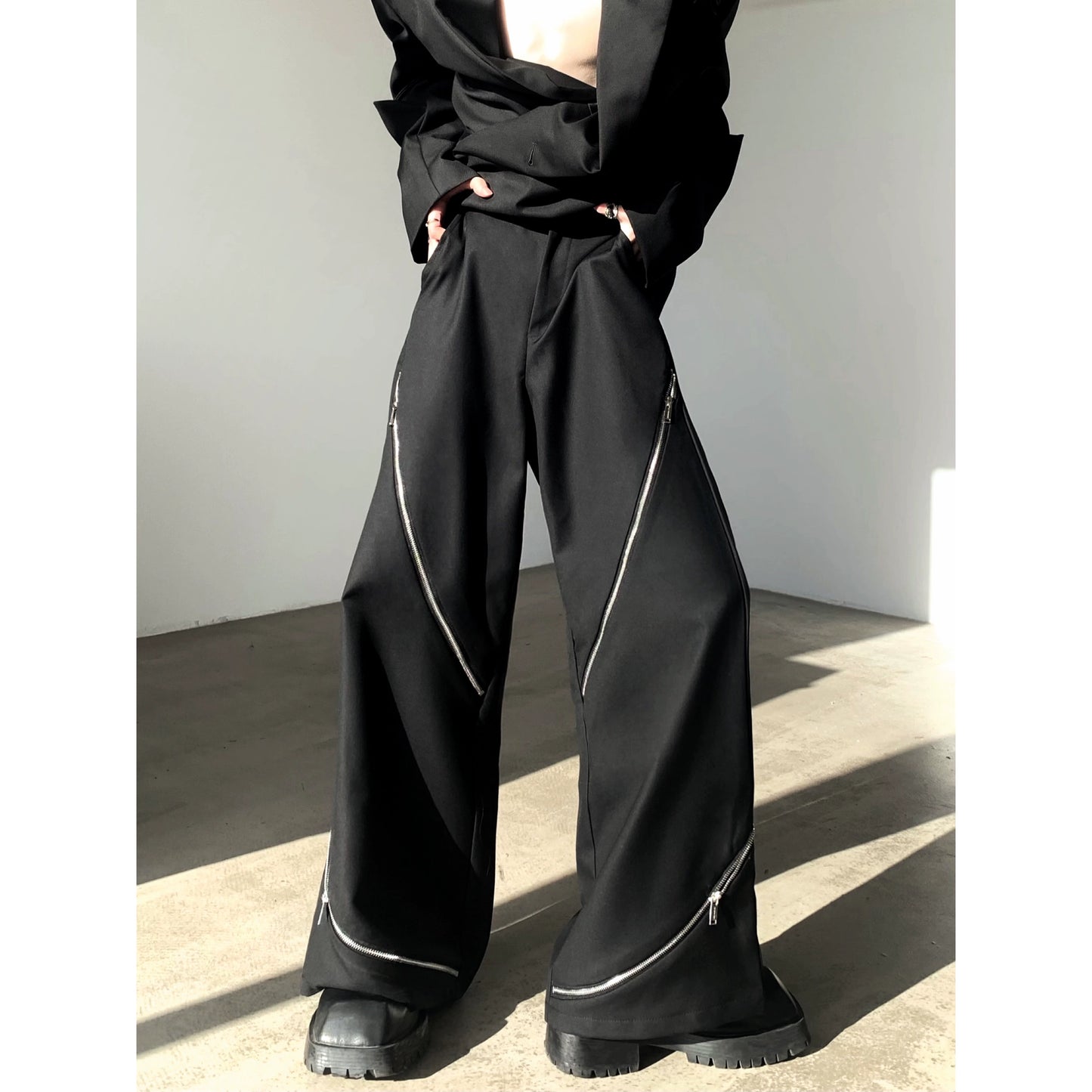 Metal Zipper Design Wide-Leg Straight Trousers WN9157