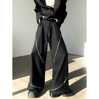 Metal Zipper Design Wide-Leg Straight Trousers WN9157